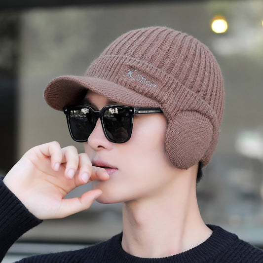Winter Men's Duck Tongue Ear Cap Fleece Thick Warm Pullover Hat Youth Outdoor Riding Knitted Wool Hat Ski Cap