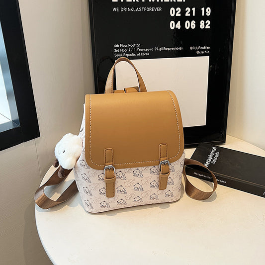 Women's bag 2024 summer new contrasting color lychee pattern casual large capacity foreign style cute pendant fashionable backpack