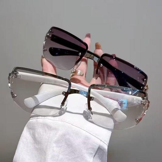 2023 fashion European and American half-frame diamond-encrusted sunglasses concave-convex lenses trendy atmospheric sunglasses cross-border sunshade glasses