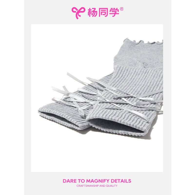 [Student Yang] Wear gray bow lace socks for women's knitted summer girl sweet ballet stacking socks