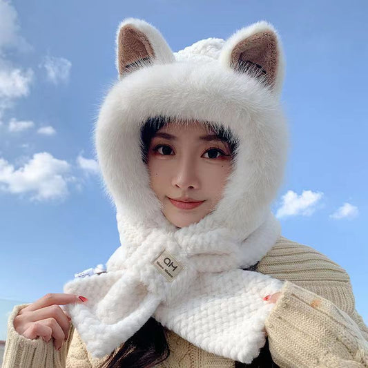 Winter female cartoon bear warm ear hair fluff hat cycling cold scarf integrated neck protection thick knitted hat