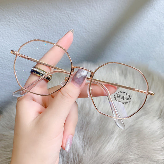 Xiaohongshu anti-blue flat glasses Korean version trendy metal glasses frame literary and retro polygonal flat glasses women