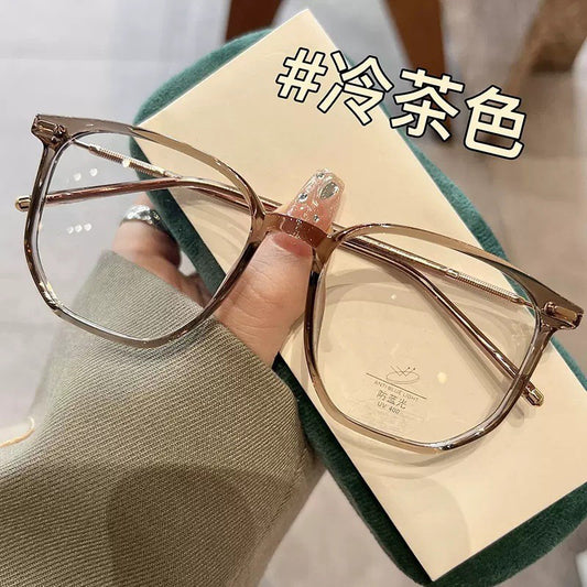 Xiaohongshu cold brown anti-blue flat mirror women's pure plain face and thin can be matched with degree myopia glasses frame