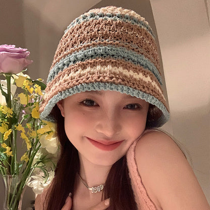 Color straw bucket hat women's summer Japanese face small versatile straw hat beach sunshade sun hat tide