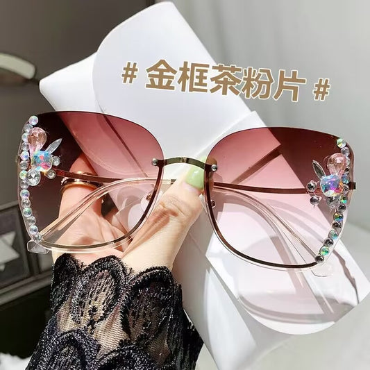 2023 new Internet celebrity frameless point diamond sunglasses UV protection butterfly shape European and American cross-border sunshade glasses