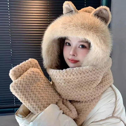 Winter female cartoon bear warm ear hair fluff hat cycling cold scarf integrated neck protection thick knitted hat