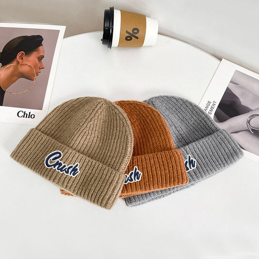 Winter letter labeling wool hat women's autumn and winter versatile warm Japanese knitted hat showing small face and ear protection cold hat man