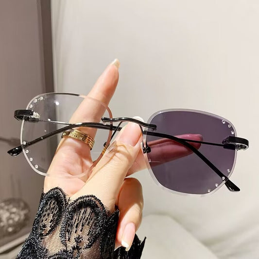2023 fashion trendy frameless trimmed anti-blue light color-changing glasses Xiaohongshu same point drill high definition myopia glasses