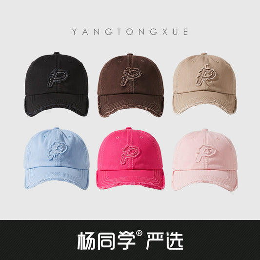 Classmate Yang retro and old P letter embroidered soft top baseball cap for men showing their faces and a small cap for women