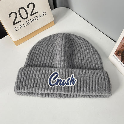 Winter letter labeling wool hat women's autumn and winter versatile warm Japanese knitted hat showing small face and ear protection cold hat man