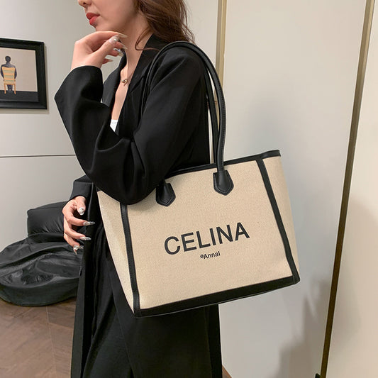 College students class alphabet canvas bag women's 2025 spring new trendy simple large-capacity shoulder bag tote bag